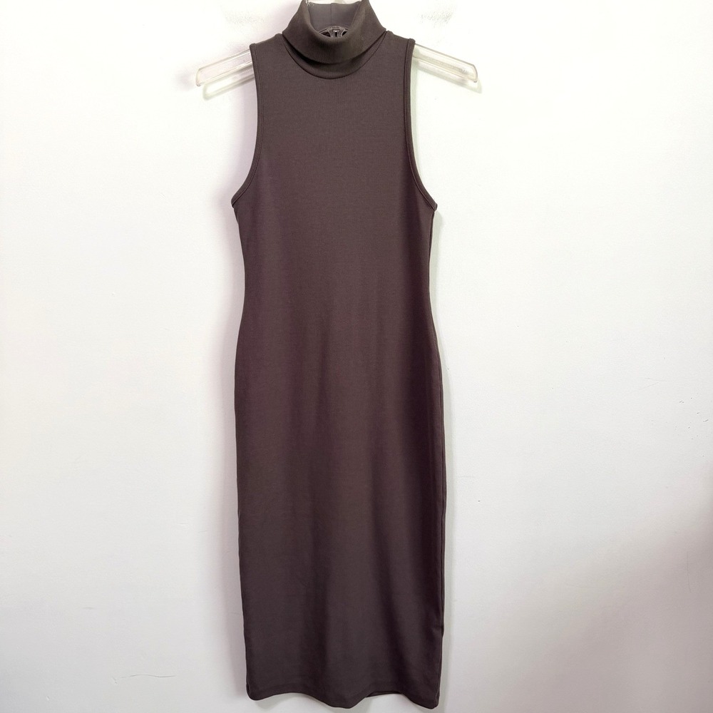 Zara Ribbed Turtleneck Dress L Concrete Gray Sleeveless Knit Party Classic Midi